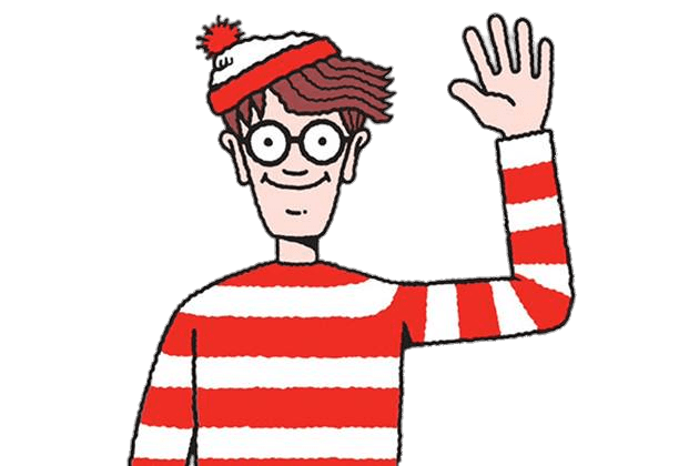 Cartoon of Waldo waving in his red and white striped shirt